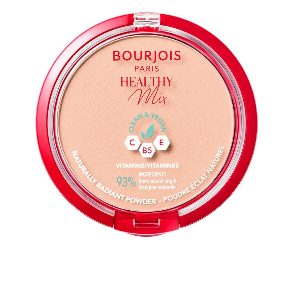 Runder, rosafarbener Puder in roter Dose. Aufschrift: Bourjois Paris Healthy Mix, Clean & Vegan, 93% Inhaltsstoffe natürlichen Ursprungs.
