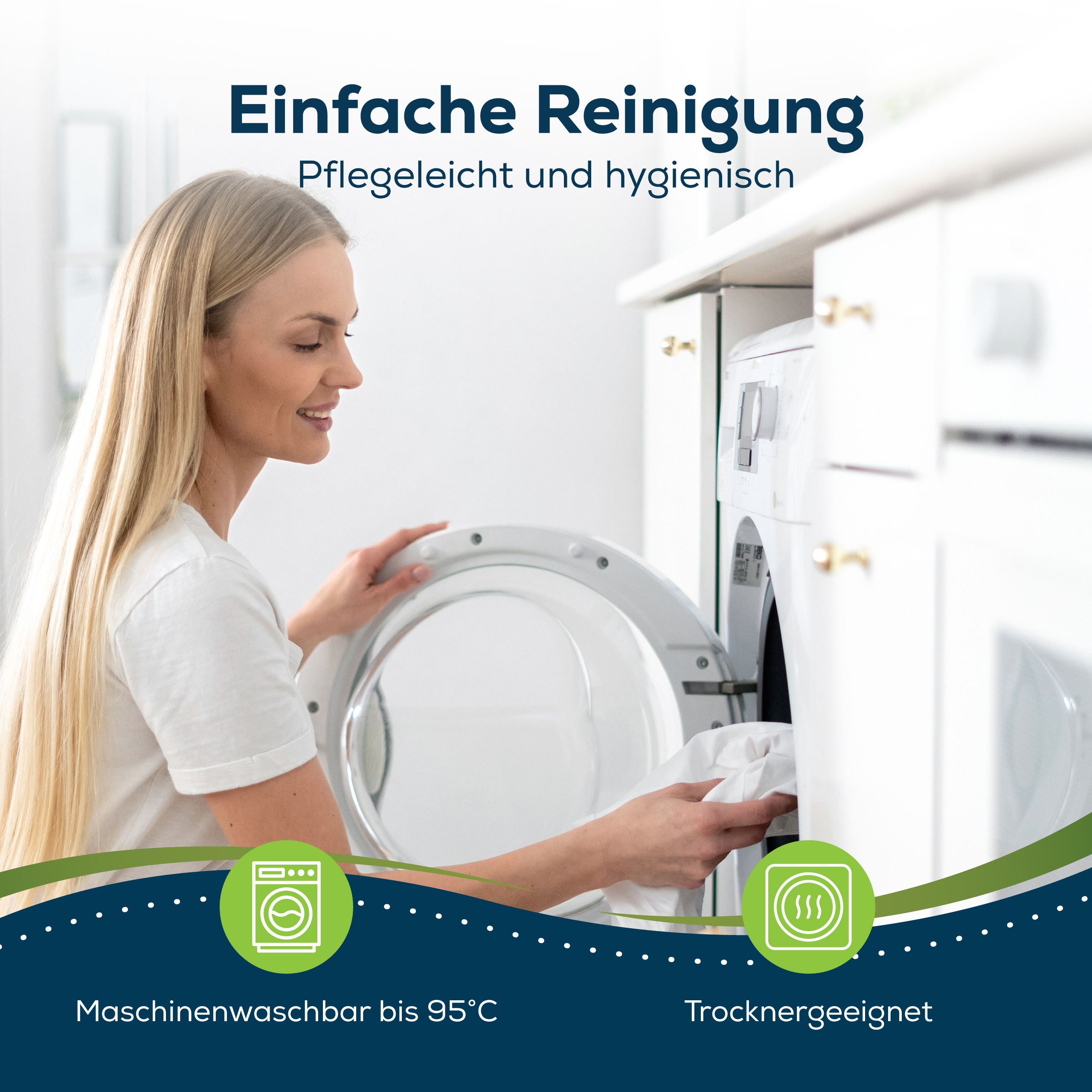 Frau legt Matratzenschoner in Waschmaschine. Text: Einfache Reinigung. Waschbar bis 95°C, trocknergeeignet.