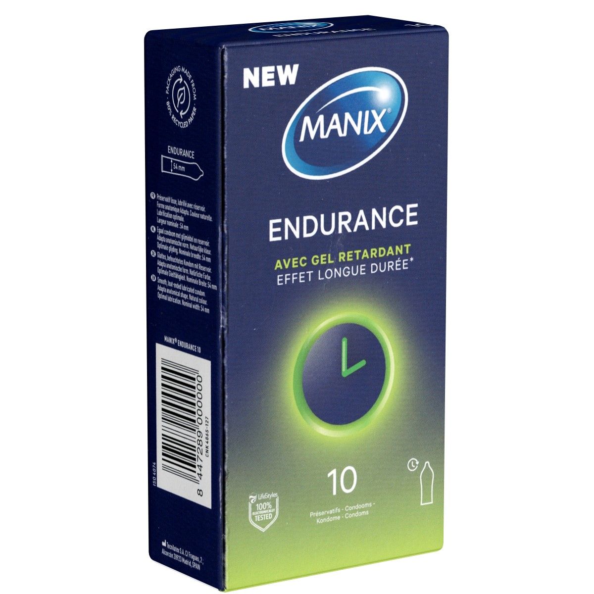 Manix Endurance Kondompackung mit 10 Stück. Blaue Box mit grünen Akzenten und Uhrensymbol.