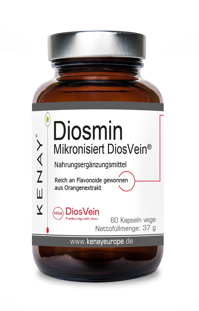 Braune Glasflasche mit Diosmin Mikronisiert DiosVein® KENAY®-Etikett. Enthält 60 Kapseln. Text: Nahrungsergänzungsmittel, Reich an Flavonoiden gewonnen aus Orangenextrakt.