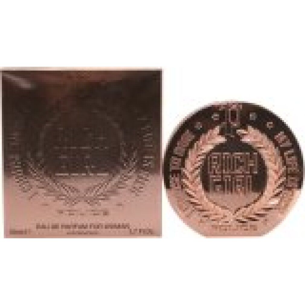 Roségoldfarbener Flakon und rechteckige Verpackung. Flakon mit "RICH GIRL" und Lorbeerkranz. Verpackung mit Logo und Text.