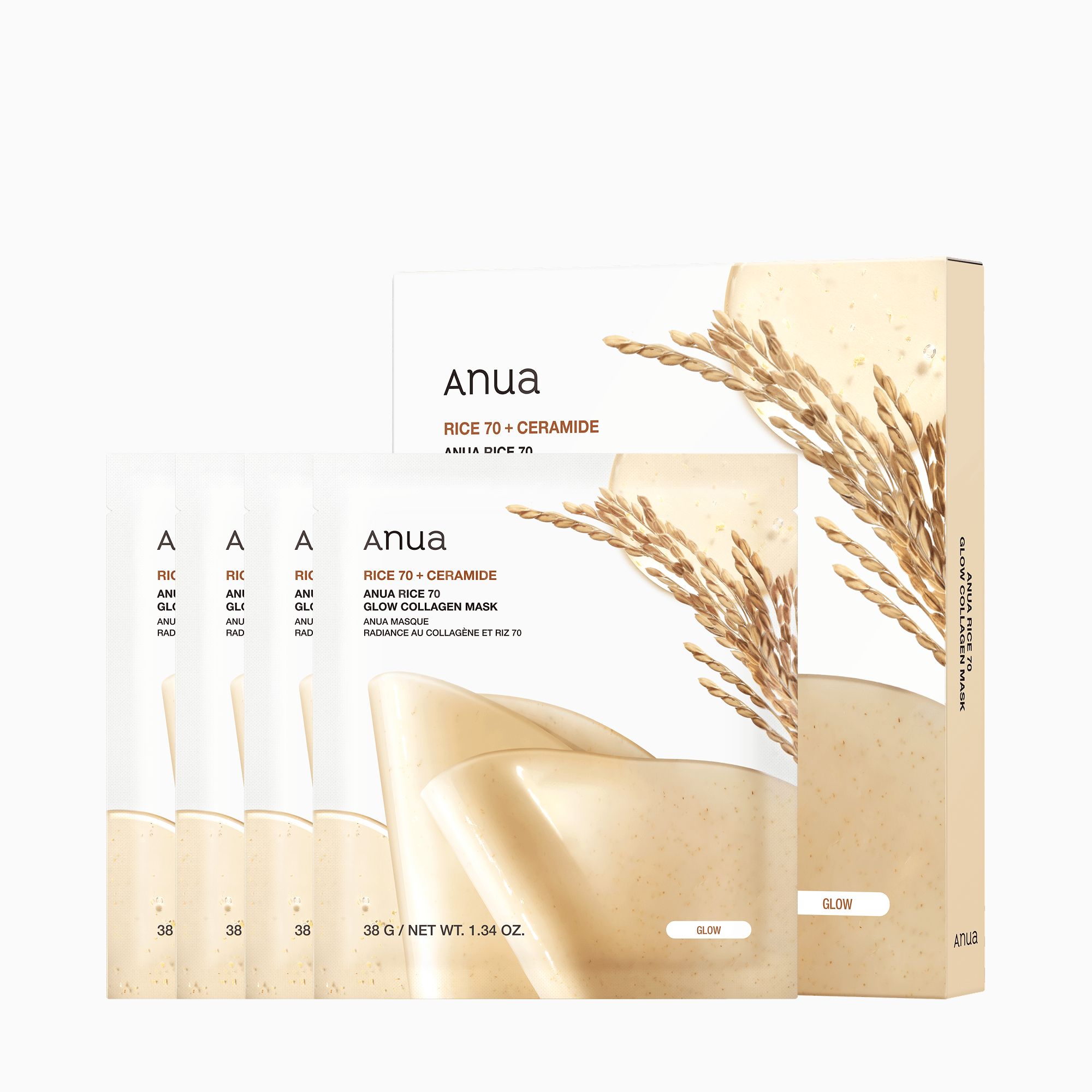 Anua Rice 70 Glow Collagen Mask Packung mit vier einzelnen Masken.