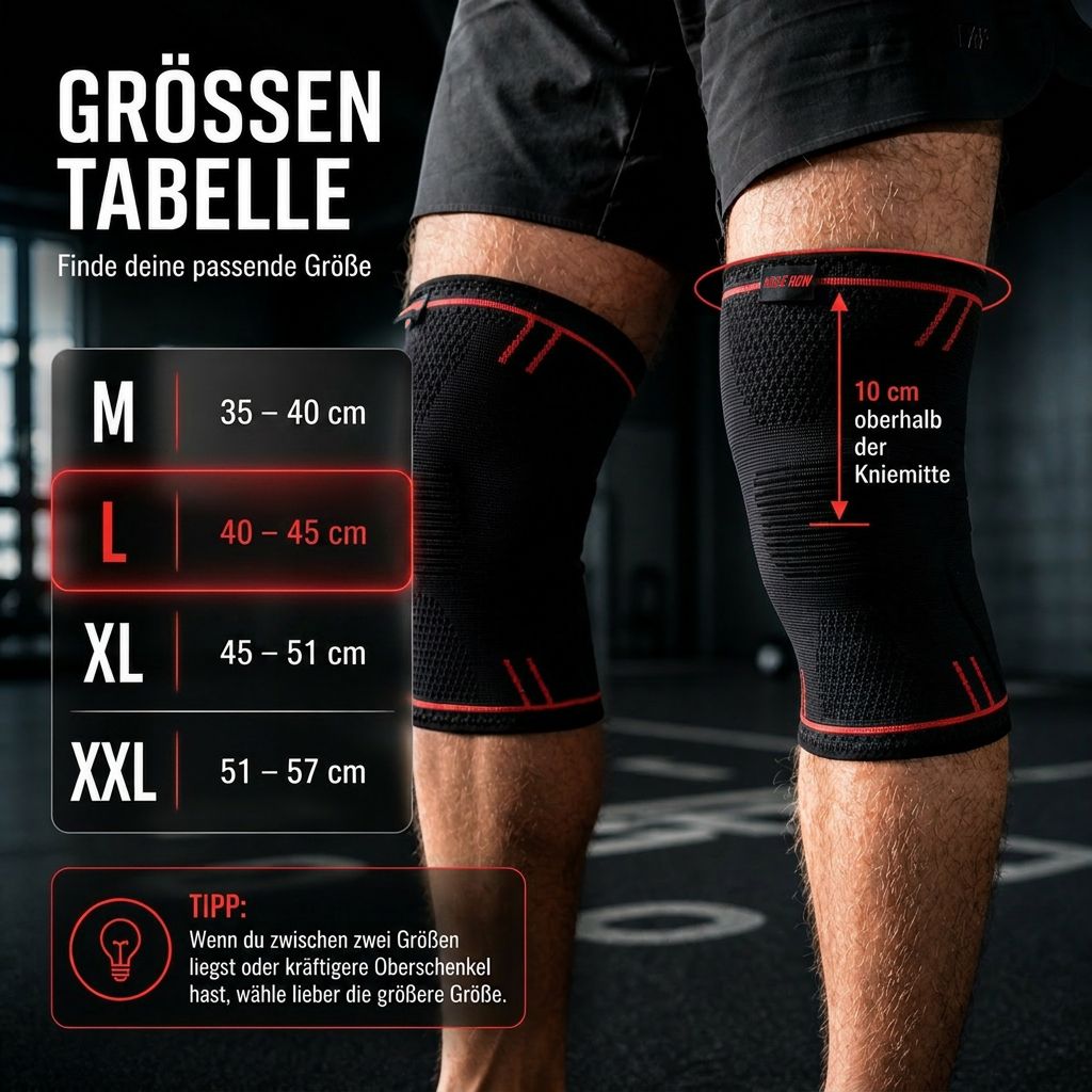 Größentabelle für Kniebandagen. Größen M, L, XL, XXL. Messanleitung. Schwarze Bandagen.