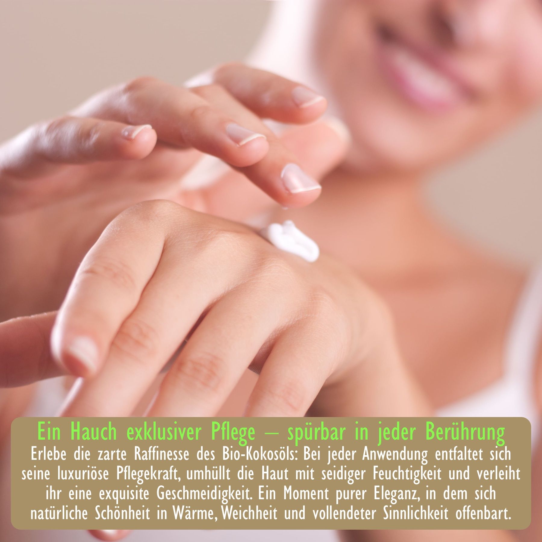 Hände einer Frau, die Creme aufträgt. Text: Ein Hauch exklusiver Pflege.