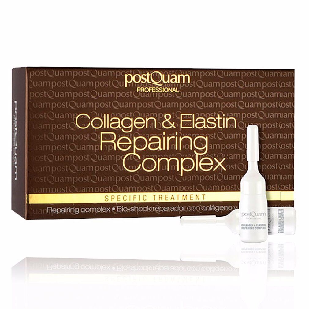 Braune Schachtel und Ampullen. Aufschrift: Collagen & Elastin Repairing Complex. Spezifische Behandlung.