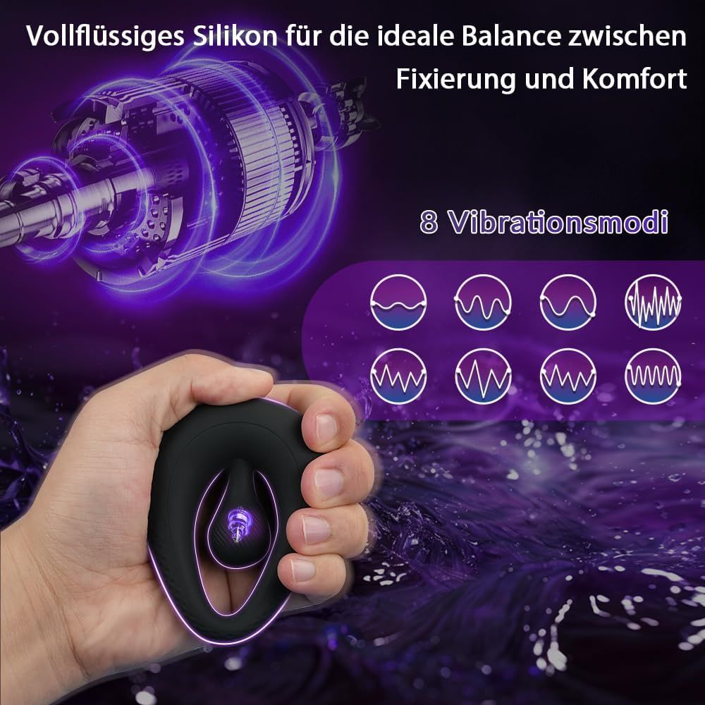 Schwarzer Penisring mit Perlen, in Hand gehalten. 8 Vibrationsmodi. Lila Hintergrund mit Wellen. Text: 8 Vibrationsmodi.
