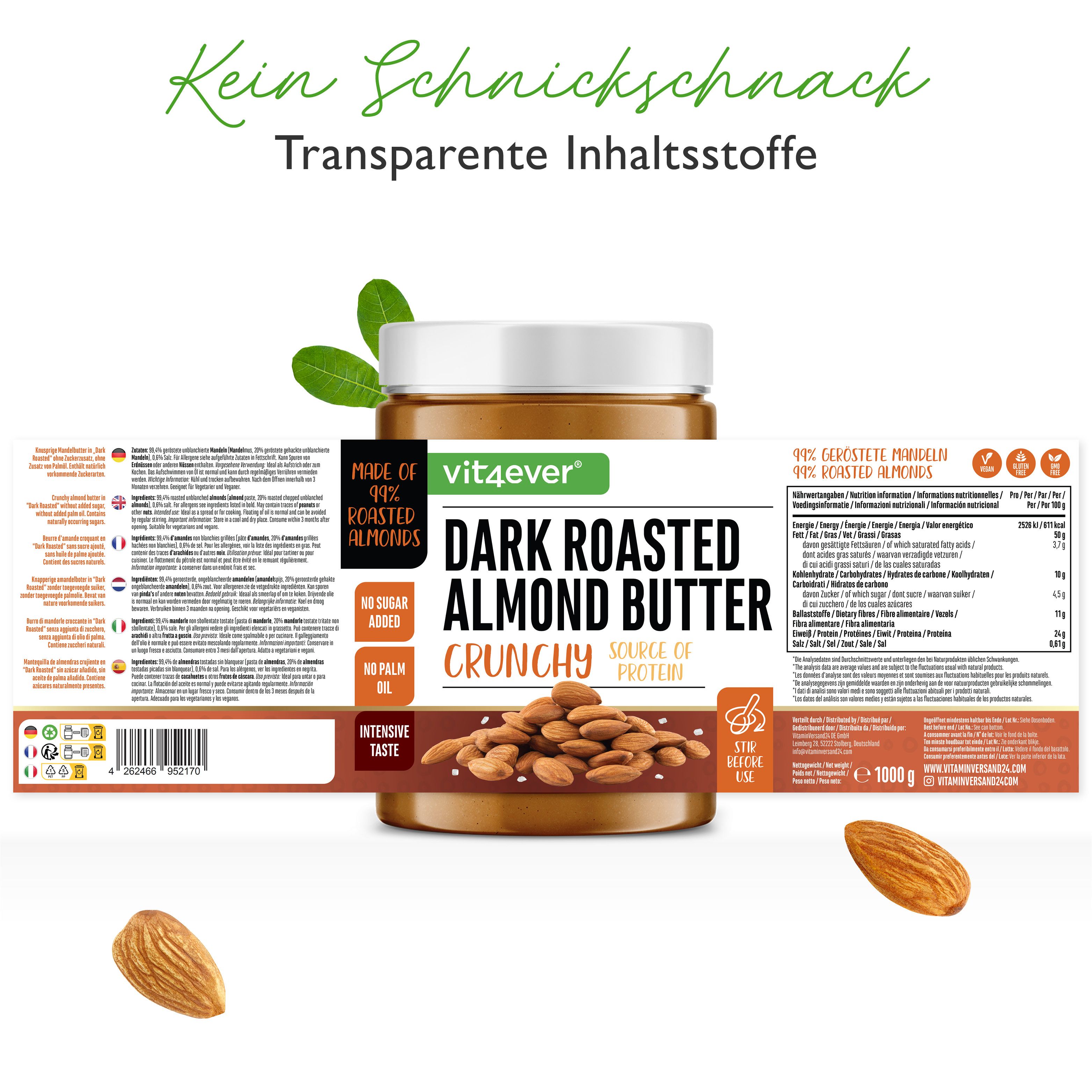 Produktabbildung mit Etikettendetails. 'vit4ever Dark Roasted Almond Butter Crunchy' mit Zutatenliste.