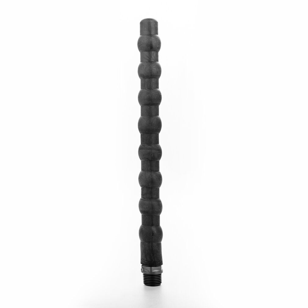 Schwarzer Silikon-Anal-Douche. Längliche Form mit kugelförmigen Elementen. Gewindeanschluss am Ende.