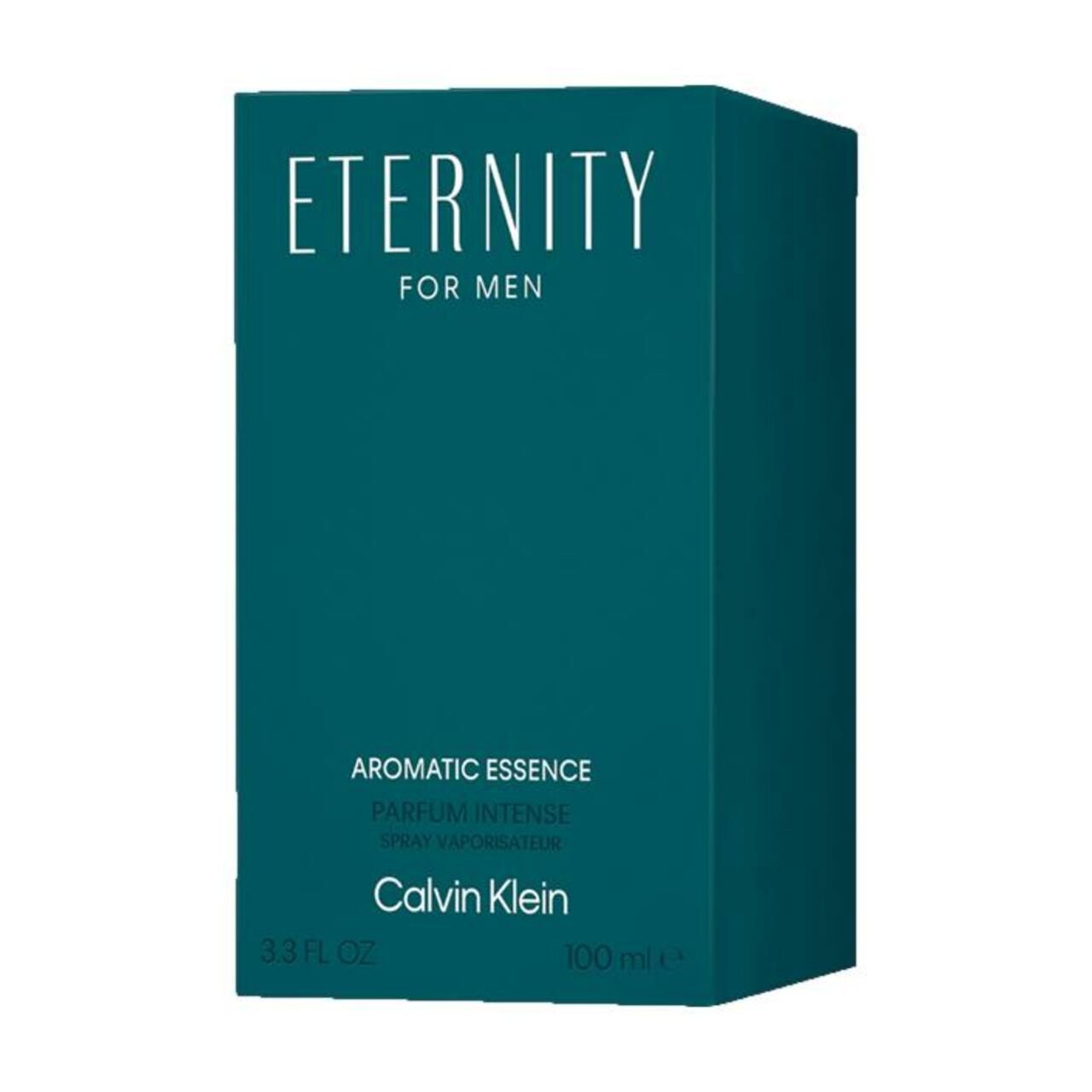 Türkisfarbene Schachtel. Aufschrift: Eternity for Men, Aromatic Essence, Calvin Klein. 100 ml.