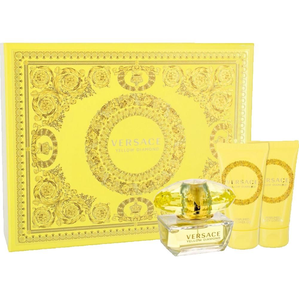 Gelbe Geschenkbox mit Parfumflakon und zwei Tuben. Auf der Box steht "Versace Yellow Diamond". Flakon in Diamantform.