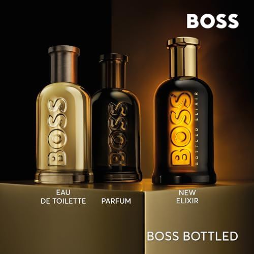 Drei Boss Bottled Düfte: Eau de Toilette (gold), Parfum (dunkel) und New Elixir (schwarz/gold).