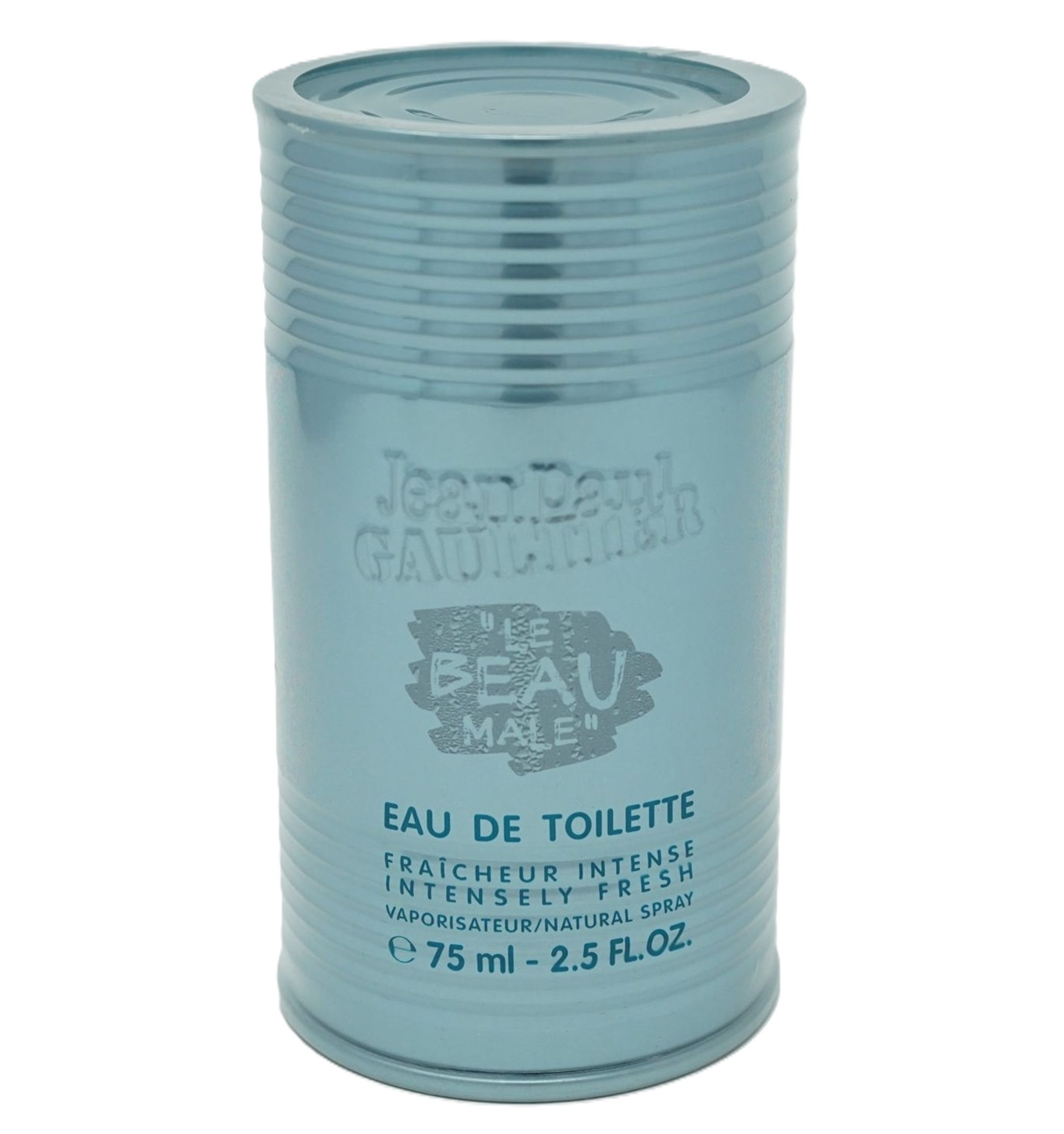 Zylindrische Dose, hellblau, mit geriffelter Oberfläche. Aufschrift: Jean Paul Gaultier, Le Beau Male, Eau de Toilette. 75 ml.