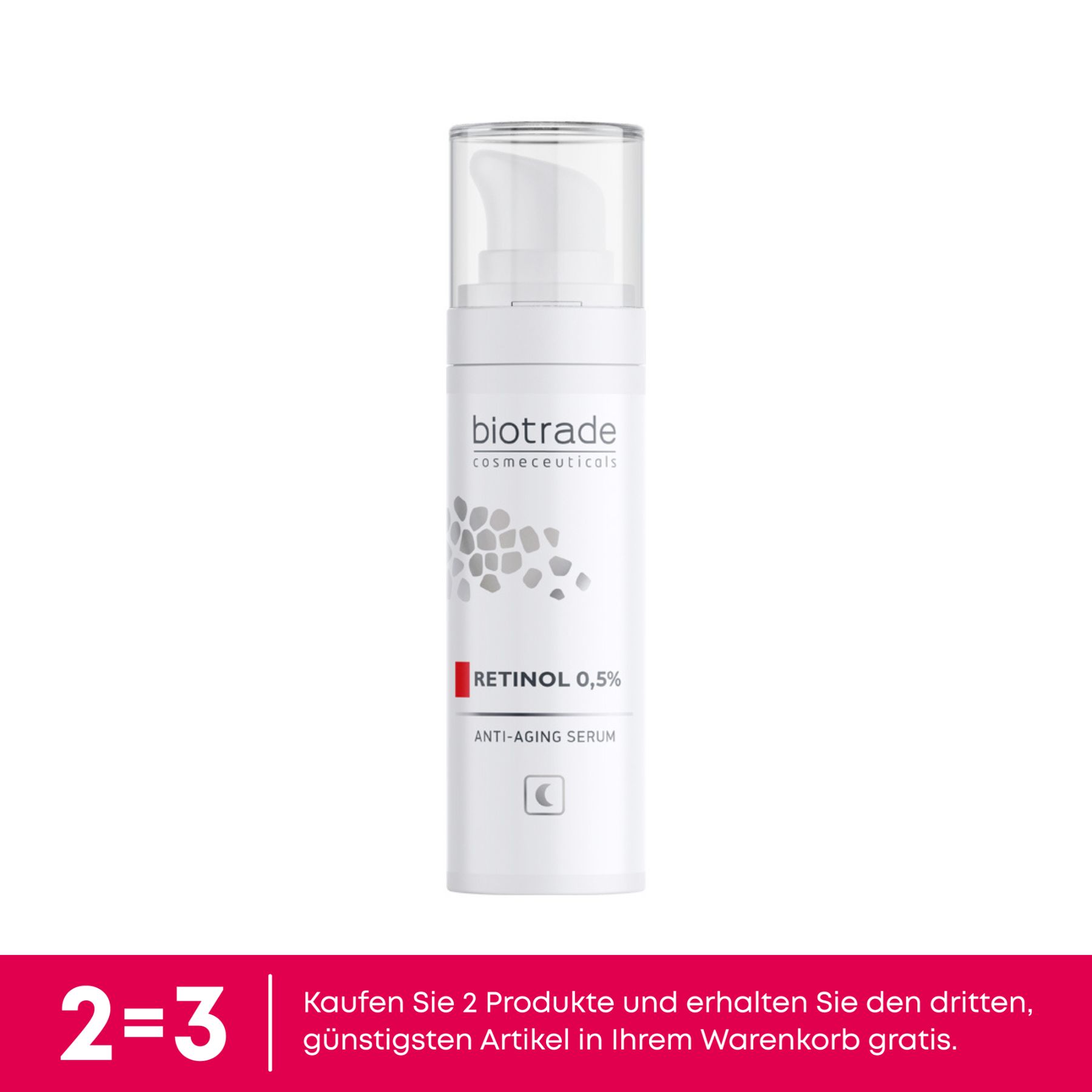 Weiße Flasche mit Pumpverschluss. Aufschrift: Biotrade, Retinol 0,5%, Anti-Aging Serum. Mondsymbol. Angebot: 2=3.