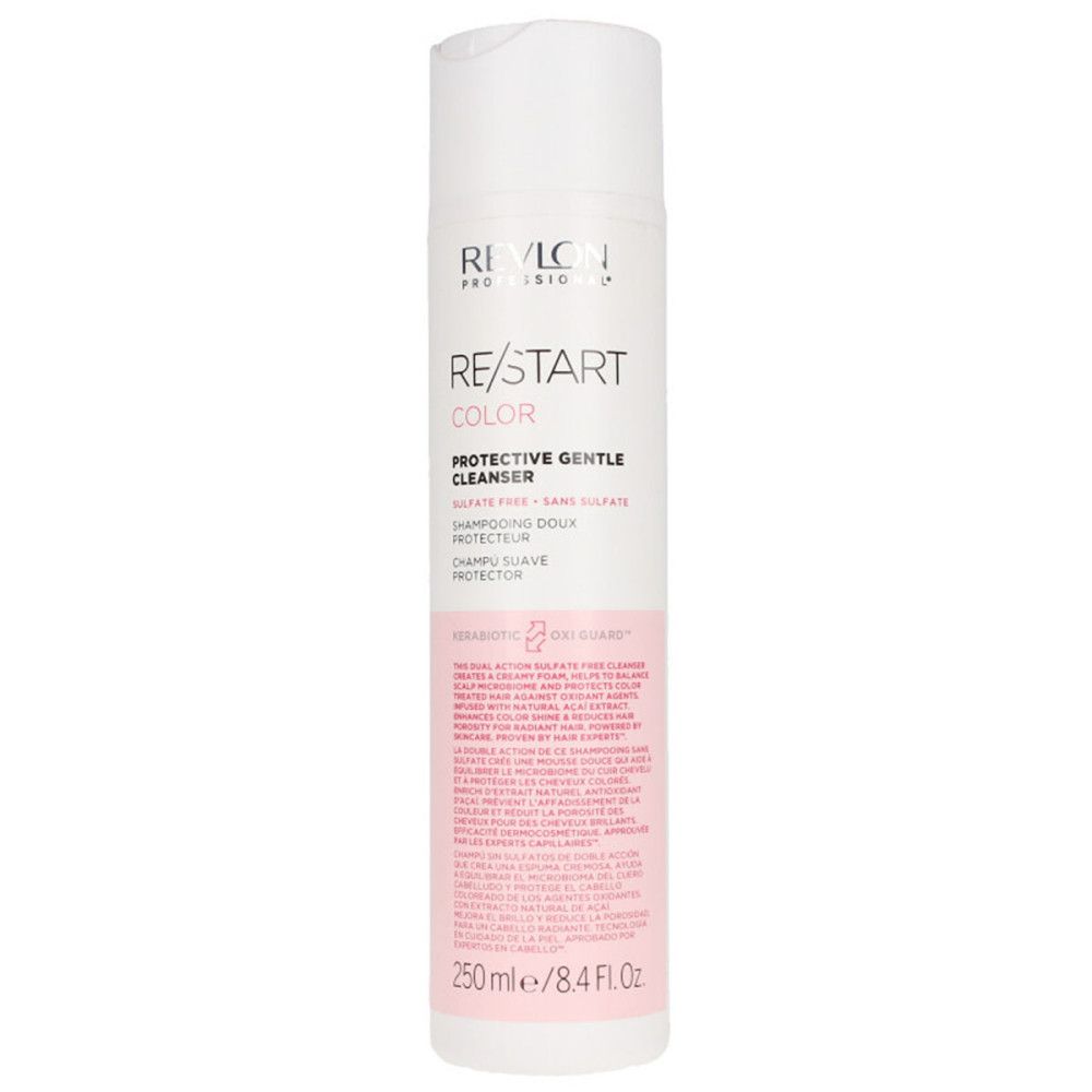Weiße Flasche mit Klappverschluss und rosa Etikett. Text: Revlon Re-Start Color Protective Gentle Cleanser. 250 ml/8.4 fl oz.