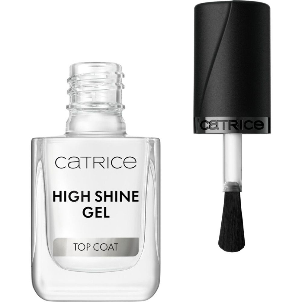 Klare Nagellackflasche mit schwarzem Deckel und Pinsel. Aufschrift: Catrice, High Shine Gel, Top Coat.
