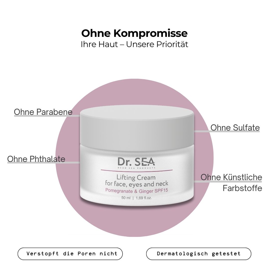 Creme-Tiegel mit Text. Aufschrift: Dr. SEA, Lifting Cream, für Gesicht, Augen und Hals. Granatapfel & Ingwer SPF15.