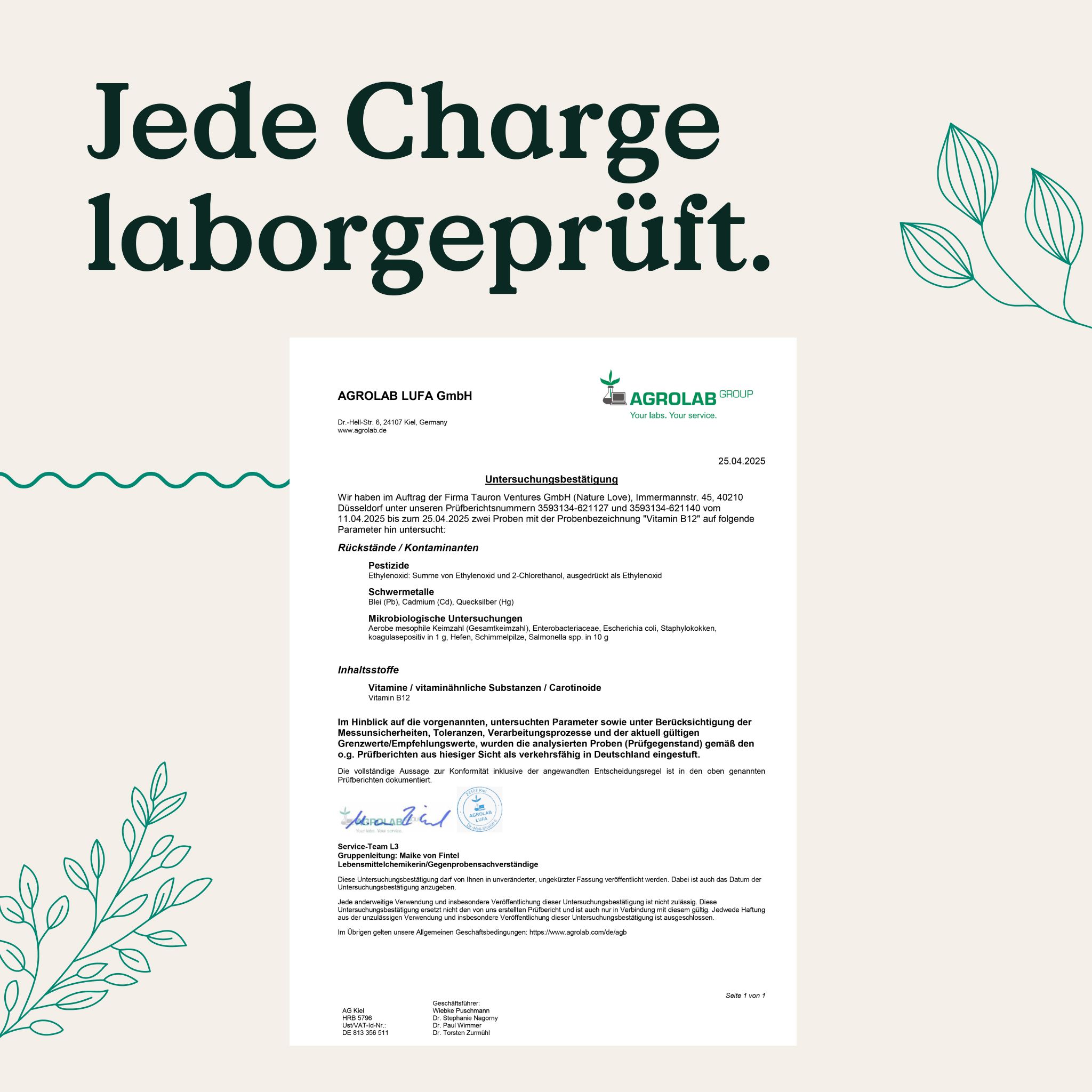 Jede Charge laborgeprüft. AGROLAB Laborurkunde für Vitamin- / Vitamin-Substanzen.