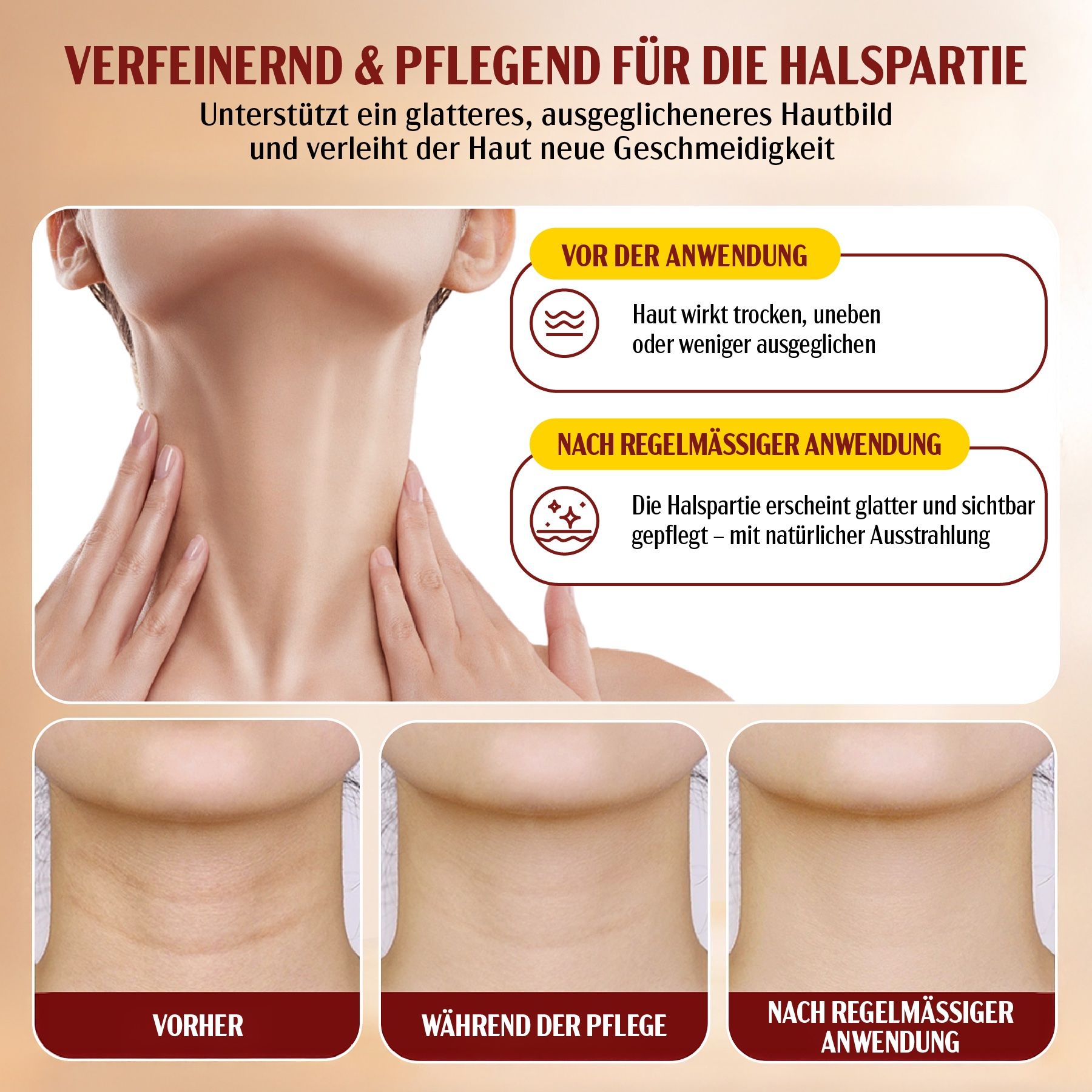 Vorher-Nachher-Vergleich. Text: Verfeinernd & pflegend für die Halspartie. Haut wirkt glatter.
