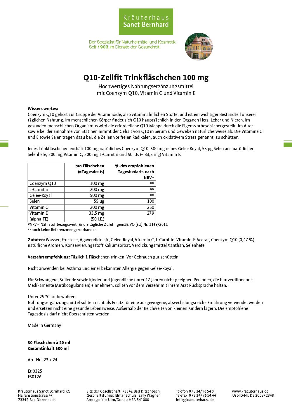 Textdokument mit Informationen zu Q10-Zellfit Trinkfläschchen 100 mg. Enthält Tabellen und Textabschnitte. Marke: Sanct Bernhard.