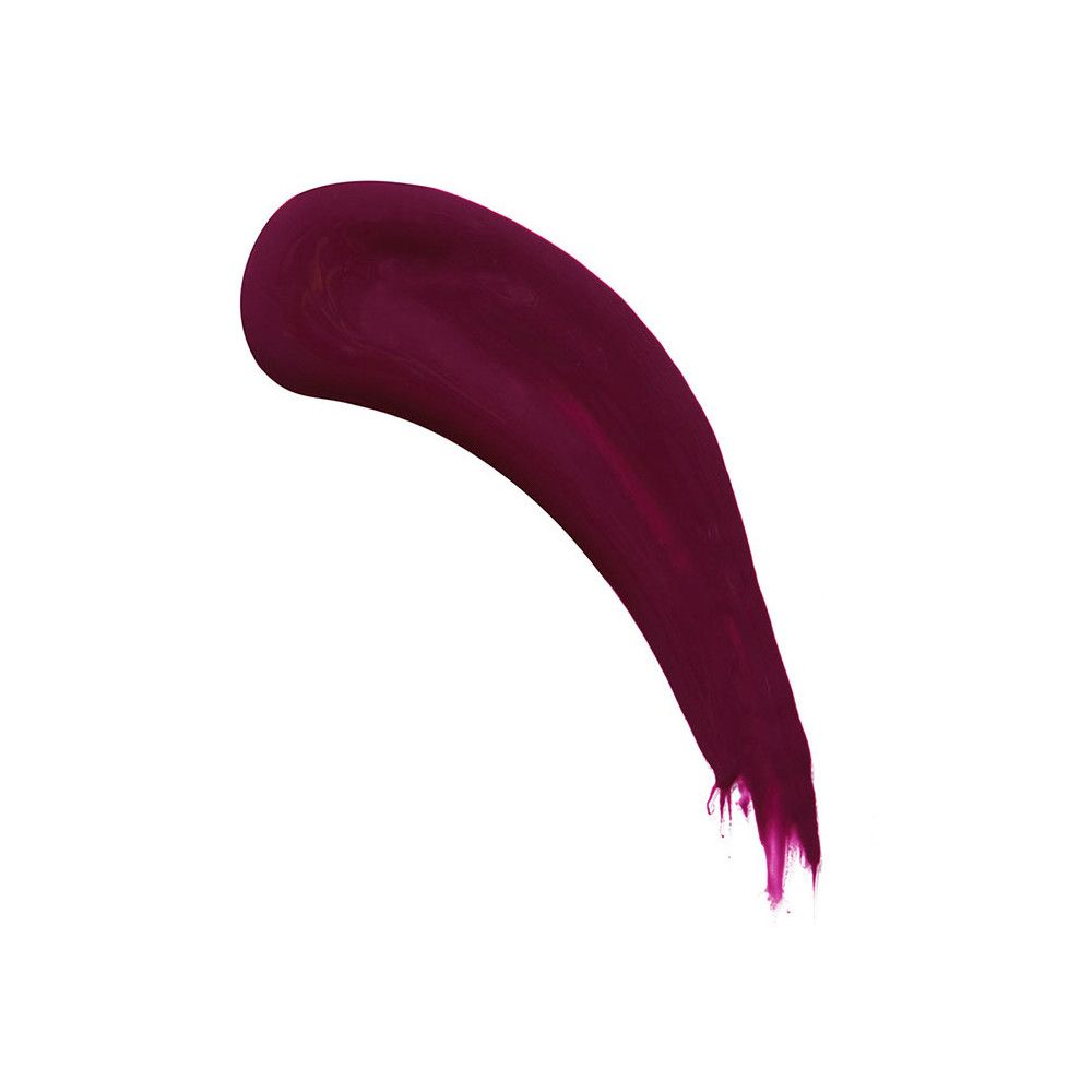 Dunkelroter Lipgloss-Abstrich auf weißem Hintergrund. Die Textur ist glatt und glänzend.