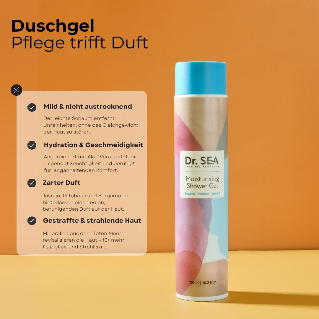 Produktflasche neben Infografik. Flasche: Dr. SEA, Moisturising Shower Gel. Infografik: Vorteile, Inhaltsstoffe, Hauttypen.