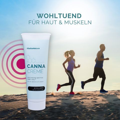 Canna Creme CBD Gel Tube. Text: Wohltuend für Haut & Muskeln. Läufer.