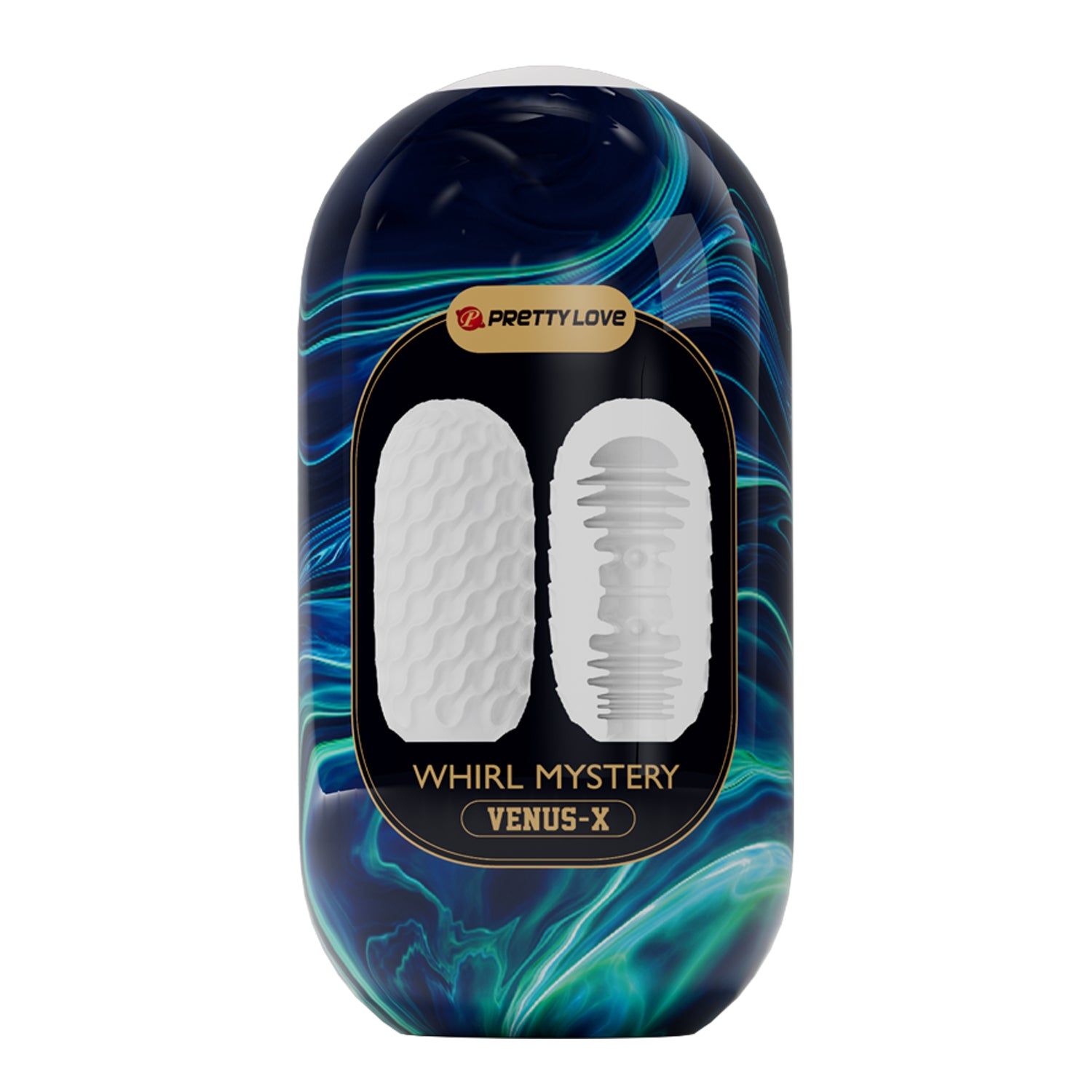 Ovales Produkt mit blau-grüner Verpackung, Text: VENUS-X, PRETTY LOVE. Produkt mit wellenförmiger Oberfläche.