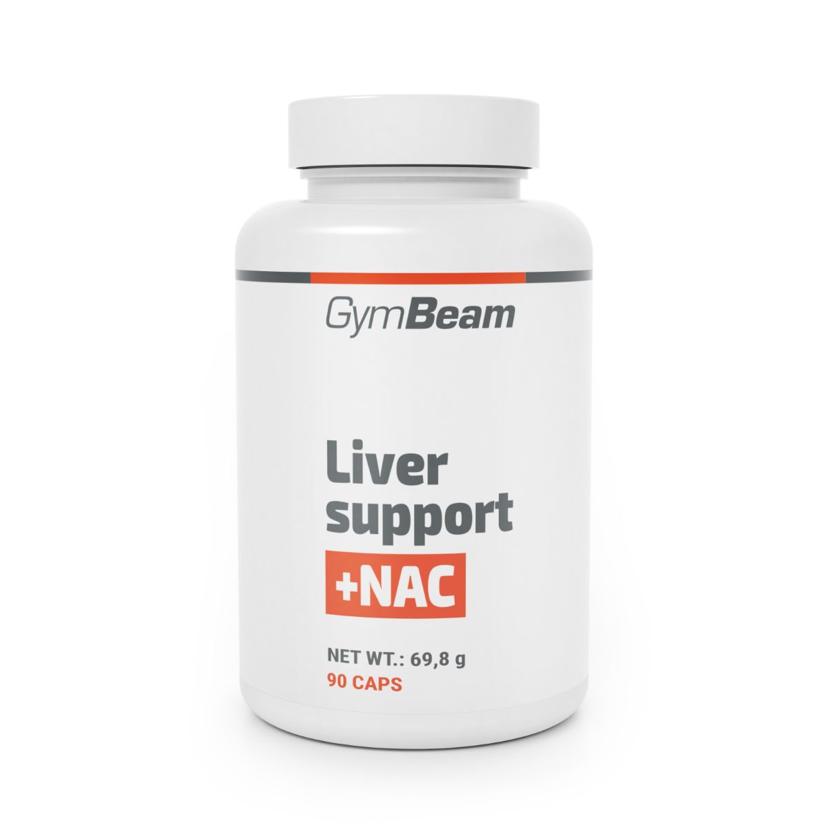 GymBeam Leberunterstützung + NAC mit Cholin Kapseln: weiße Dose mit rotem und grauem Etikett.