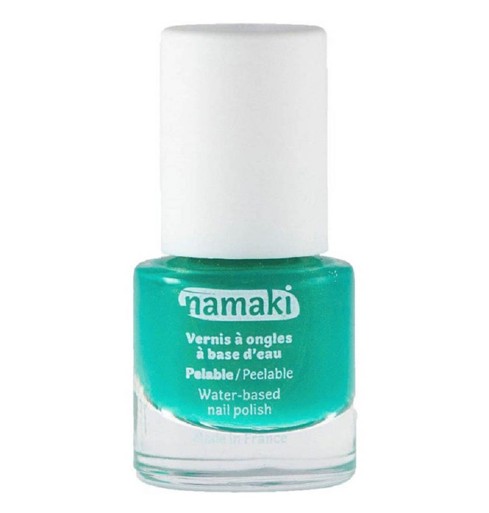 Türkisfarbener Nagellackflakon mit weißem Deckel. Aufschrift: namaki, Vernis à ongles à base d'eau, Peelable, Water-based nail polish.