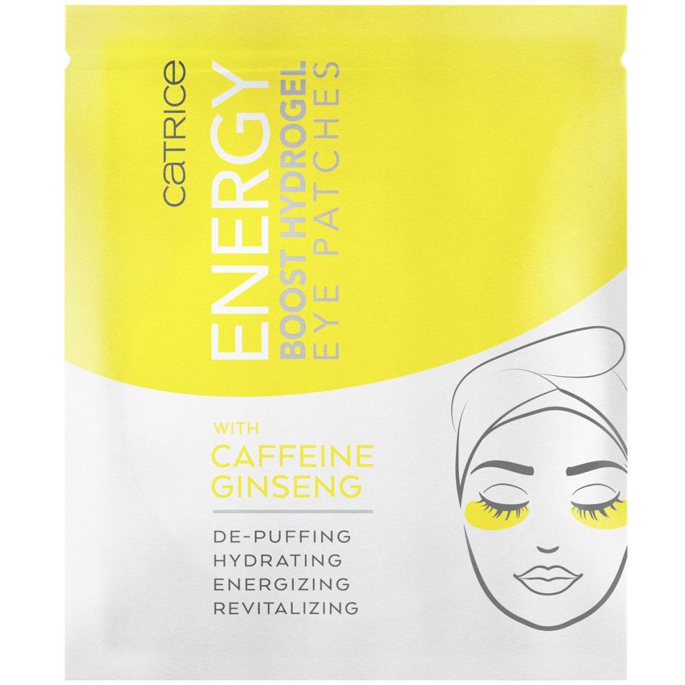Catrice Energy Boost Hydrogel Eye Patches Packung. Gelbe Verpackung mit Produktnamen und Illustration.
