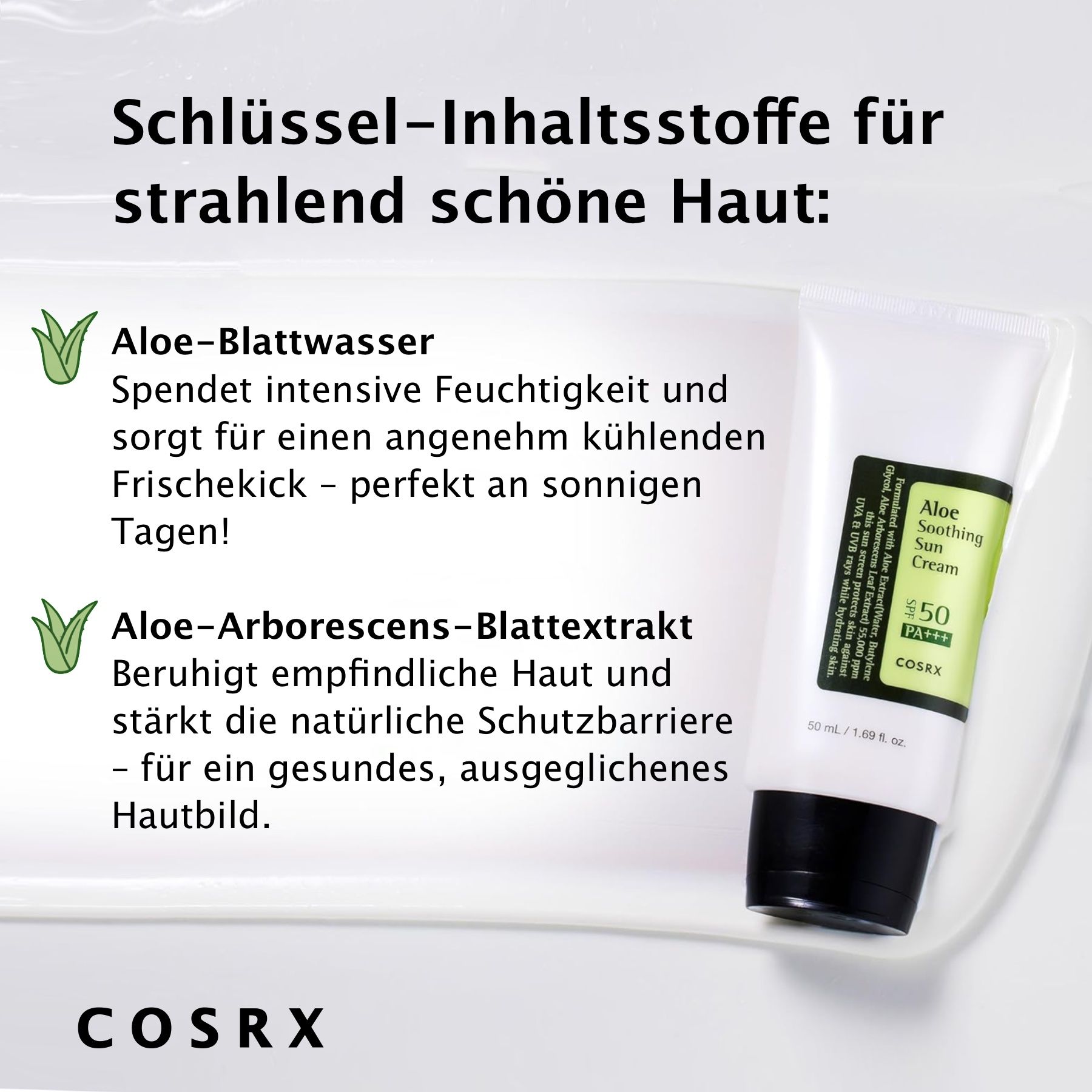 Tube Sonnencreme. Text: Aloe-Blattwasser, Aloe-Arborescens-Blattextrakt. COSRX Logo. Grüner Hintergrund.