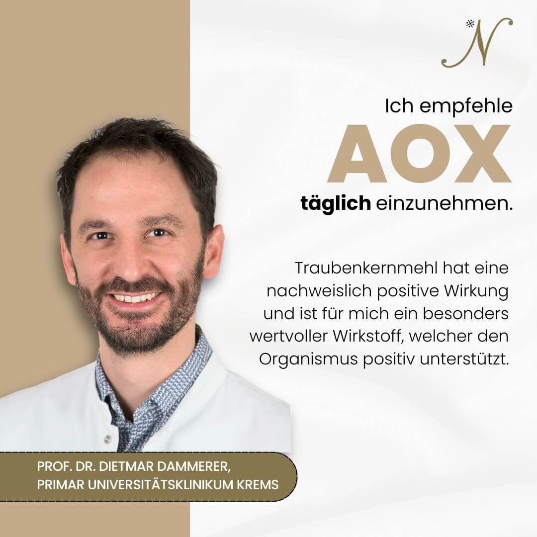 Mann mit AOX OPC Präparat. Text: Empfehlung zur täglichen Einnahme. Text über Traubenkernmehl.