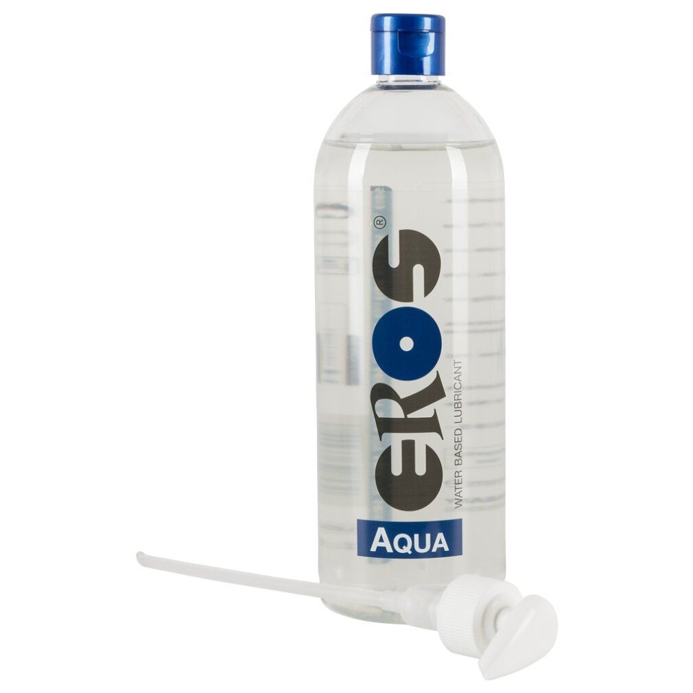 Transparente Flasche mit Dosierpumpe. Aufschrift: EROS Aqua. Wasserbasiertes Gleitmittel. Pumpe separat.