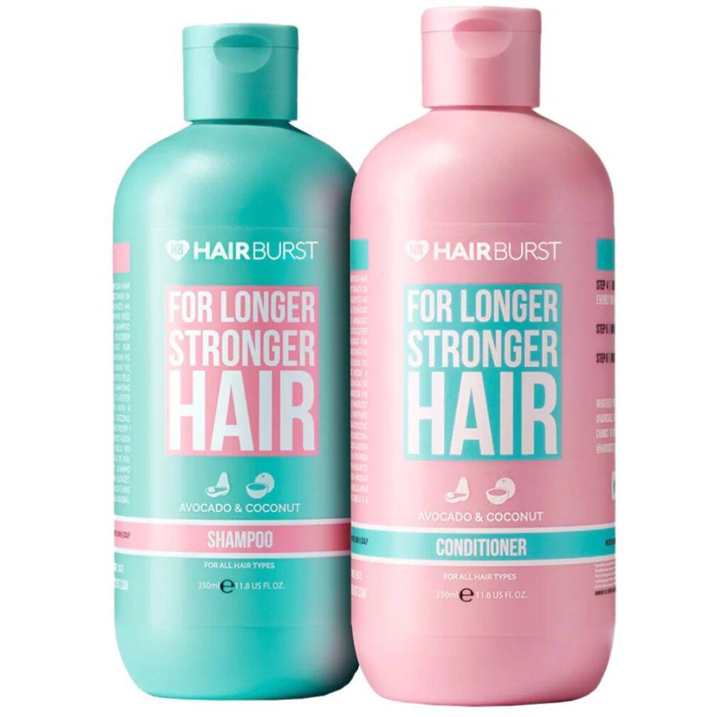 Zwei Hairburst-Flaschen: türkisfarbene Shampoo- und rosafarbene Conditioner-Flasche, beide mit Aufschrift 'For Longer Stronger Hair'.