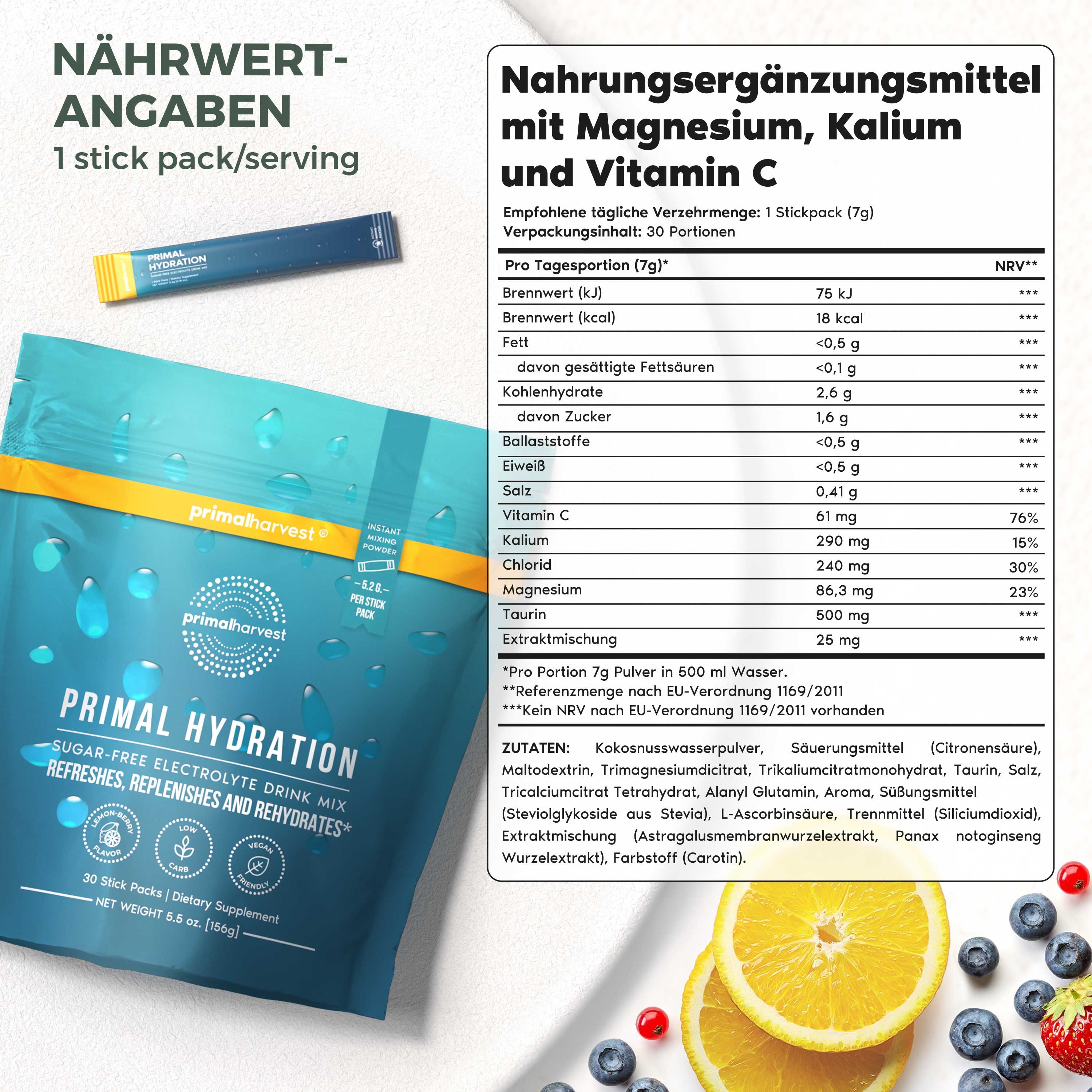 Produktverpackung und Nährwertangaben. Tabelle mit Nährwerten für Primal Hydration. Einzelner Stick.