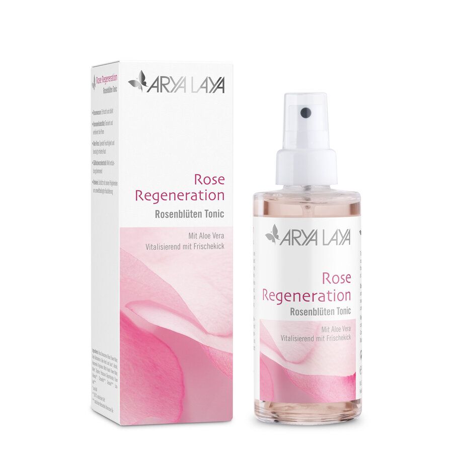 Arya Laya Rosenblüten Tonic: Flasche und Karton mit Rosenmotiv. Enthält Aloe Vera.
