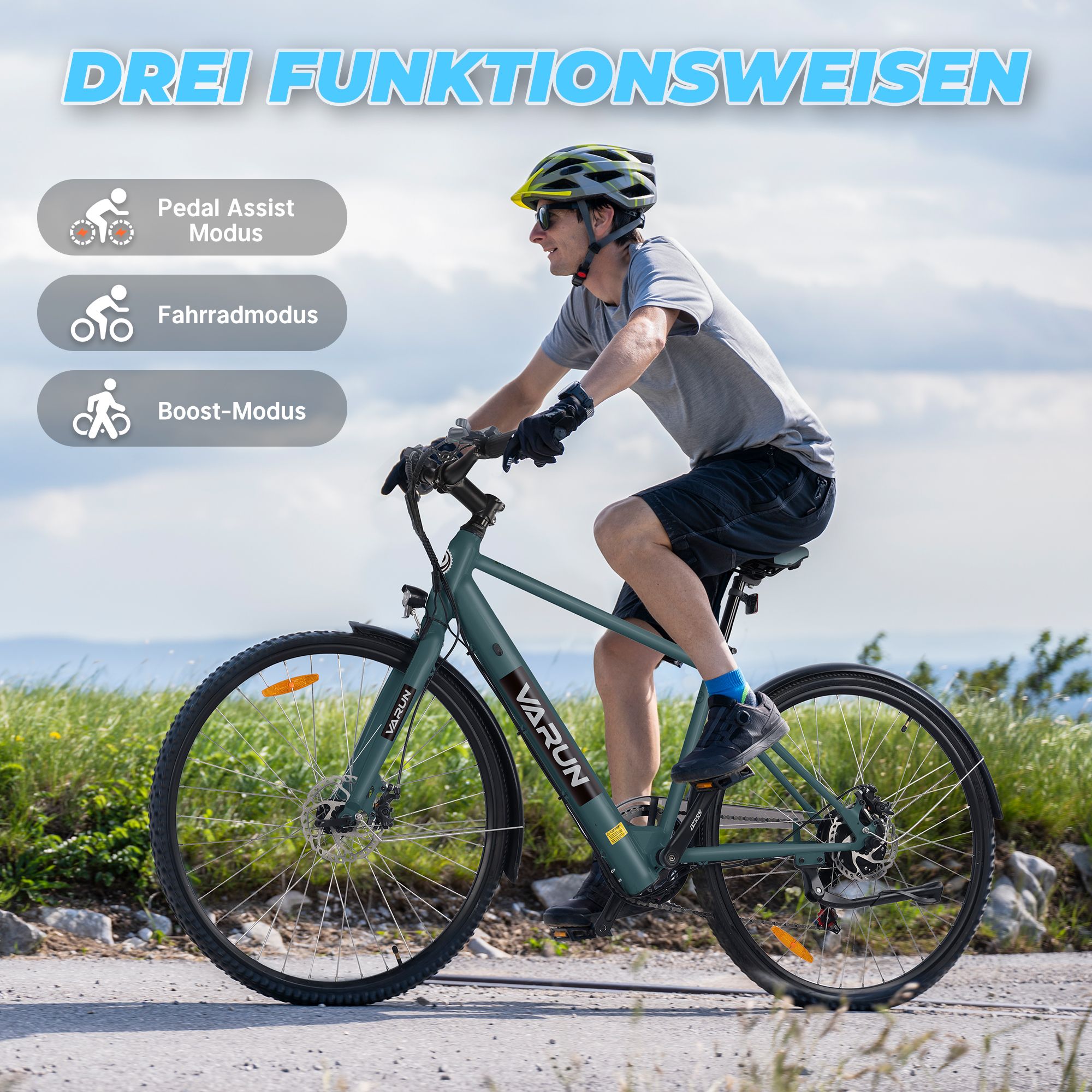 VARUN E-Bike, Person fährt Fahrrad. Text: Drei Funktionsweisen: Pedal Assist Modus, Fahrradmodus, Boost-Modus.