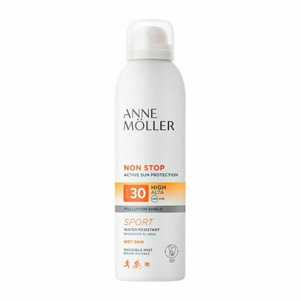 Weiße Sprühflasche mit Anne Möller-Logo. Text: Non Stop, SPF 30, Sport, Water Resistant, Invisible Mist. Mit Sport-Symbolen.