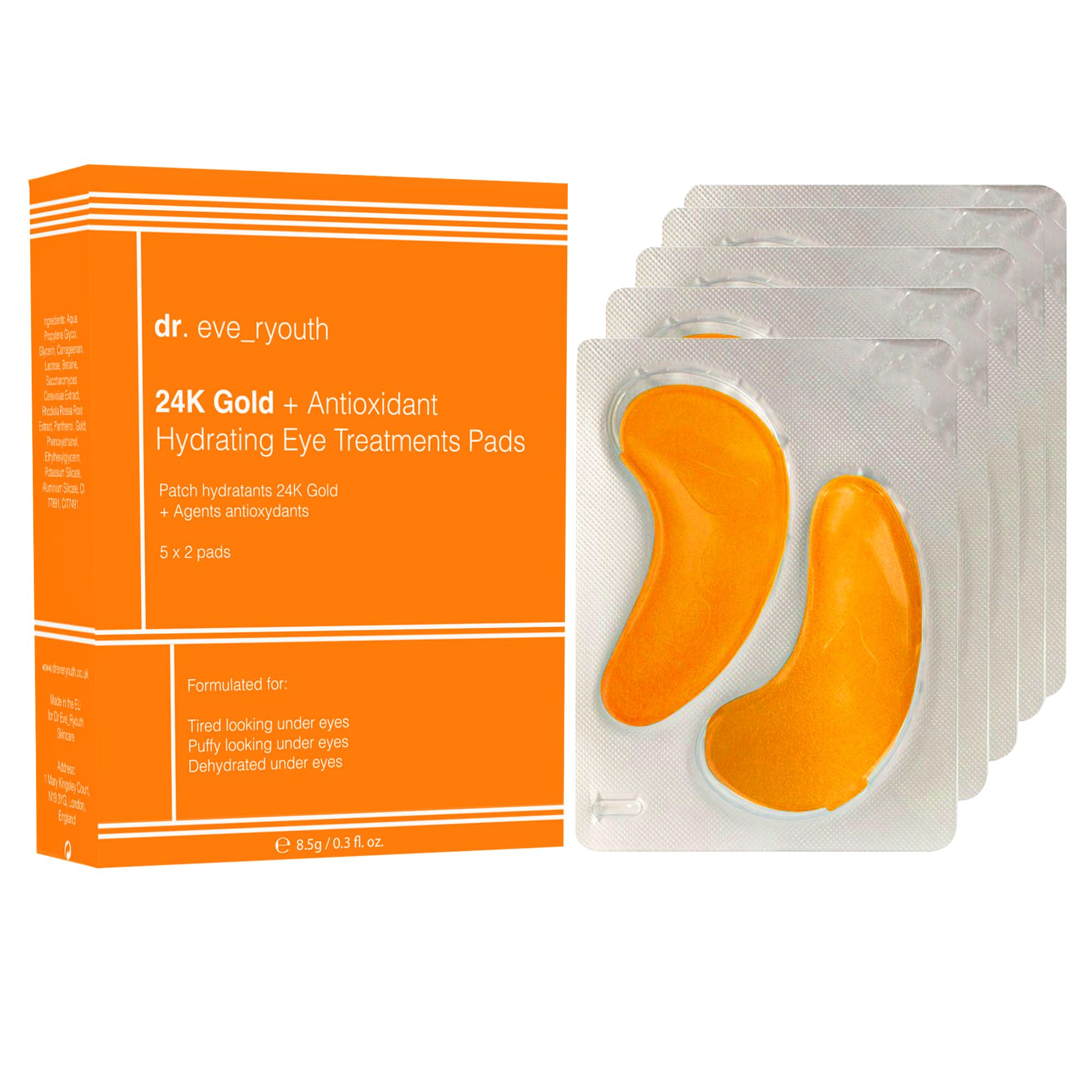 Dr. Eve_Ryouth 24K Gold + Antioxidans Augentratingschwämchen, 5x2 Pads, in Verpackung und Blistern.