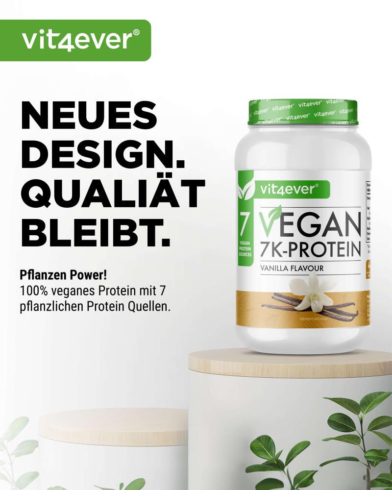 Werbebild. Weißer Behälter mit grünem Deckel. Aufschrift: 7 Vegan 7K-Protein, Vanille-Geschmack. Text: Neues Design. Qualität bleibt.