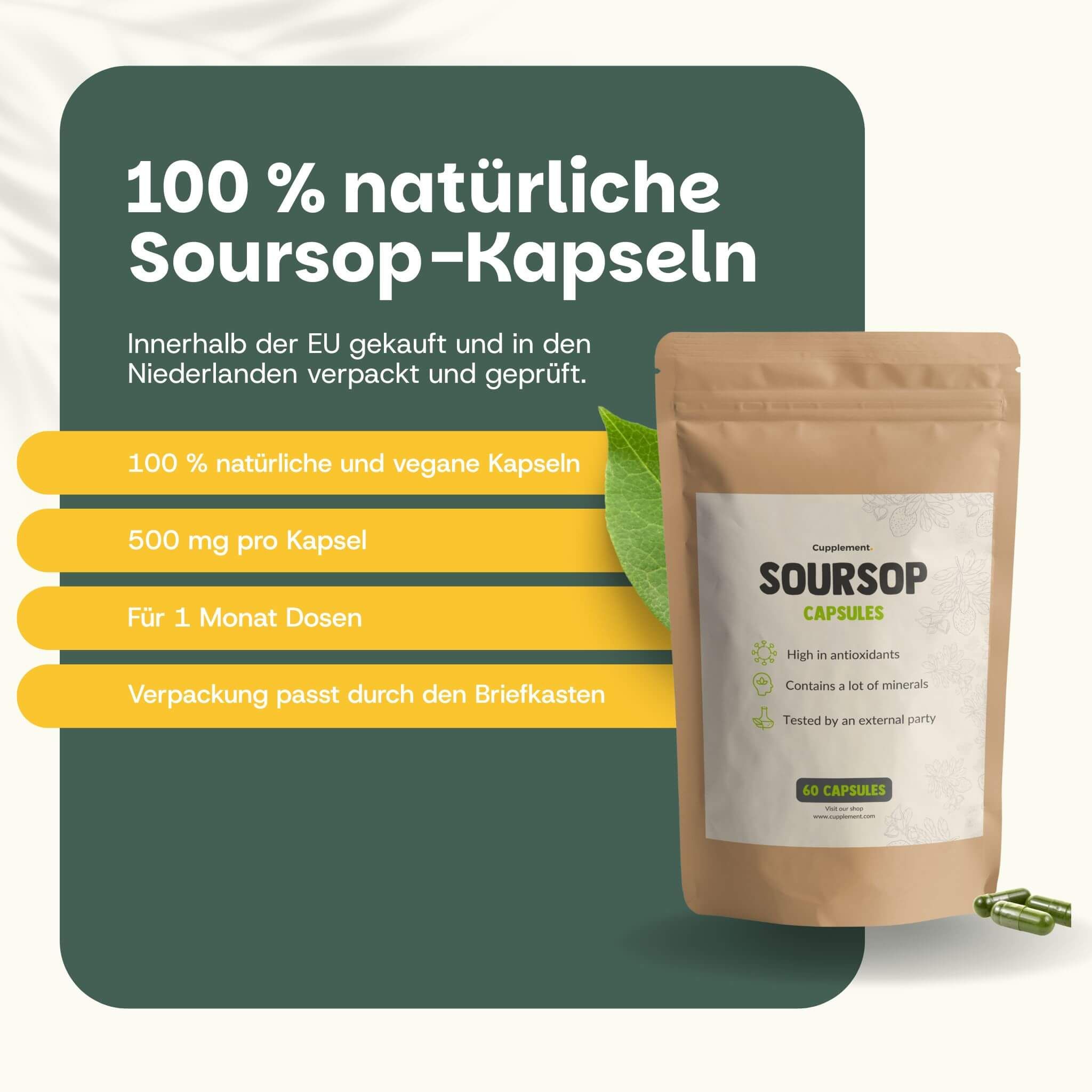 Beutel mit Soursop-Kapseln. Text: Soursop-Kapseln, 60 Kapseln. 100% natürlich und vegan. 500 mg pro Kapsel.