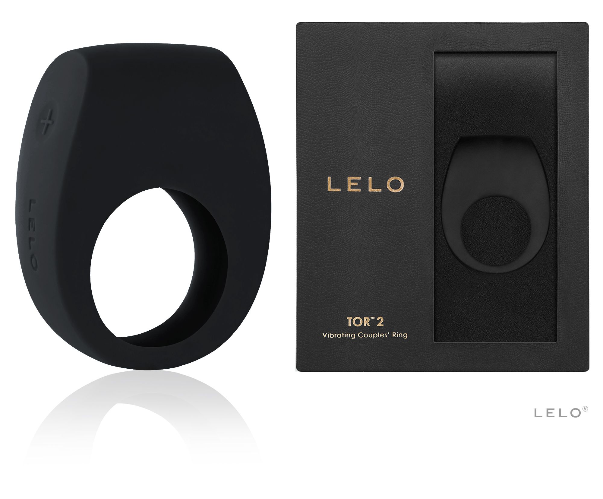 Schwarzer Lelo Tor 2 Vibrationsring neben seiner schwarzen Verpackung mit Sichtfenster.