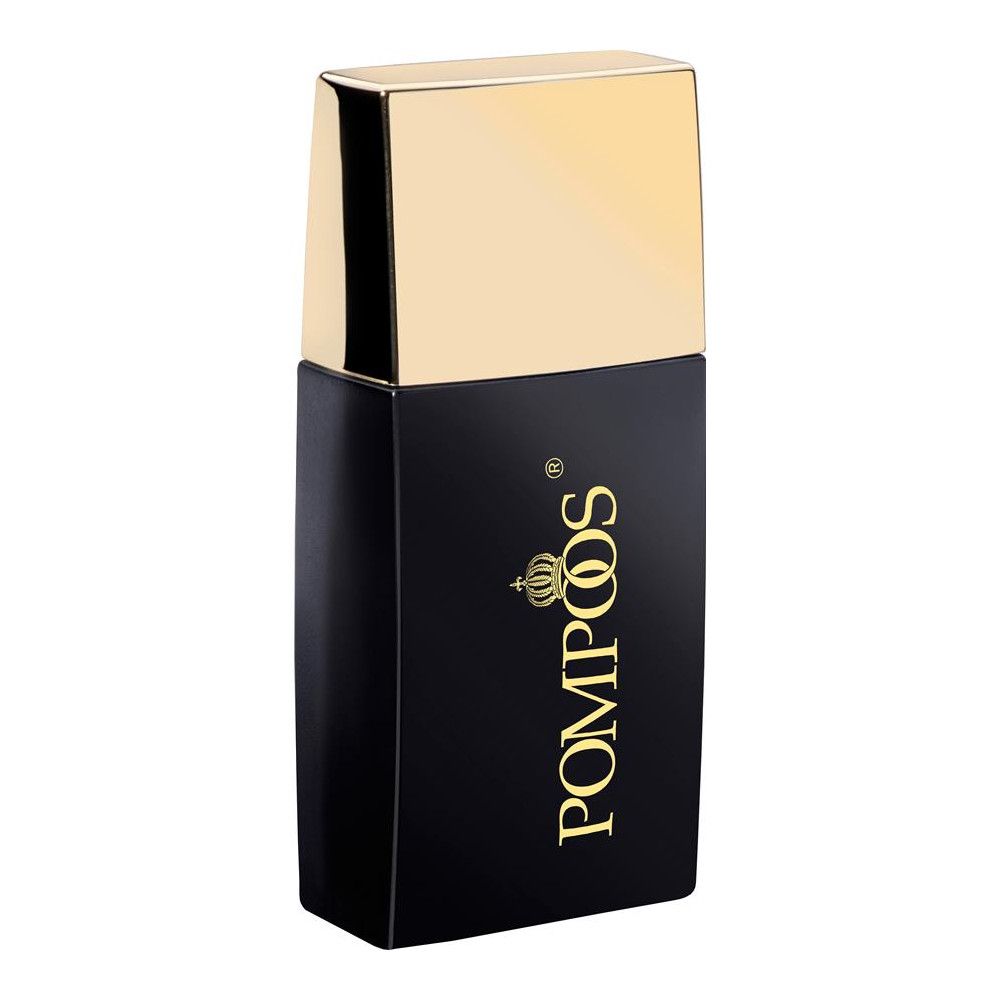 Schwarze Foundation-Flasche mit goldenem Deckel. Marke: Pompöös. Logo und Schriftzug in Gold.