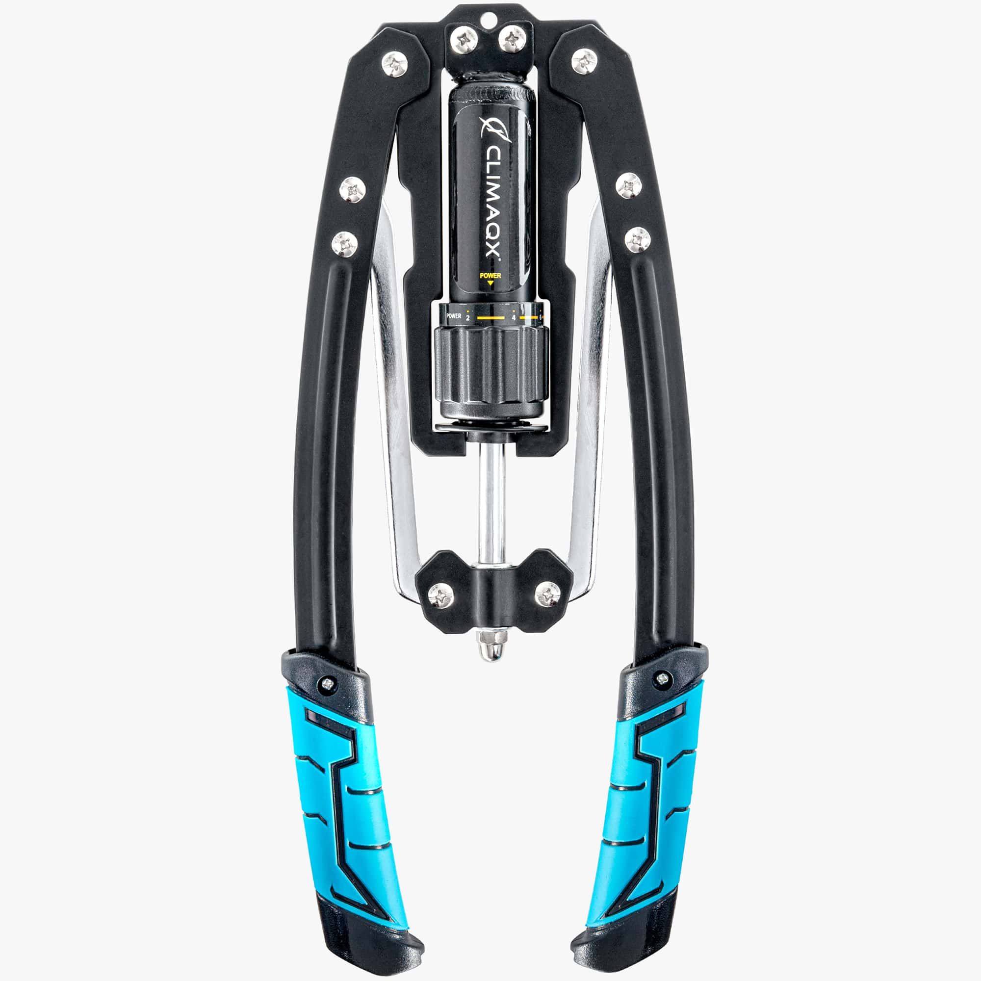 Schwarzes Fitnessgerät mit blauen Griffen. Mittig ein Zylinder mit CLIMAQX-Logo. Metall- und Kunststoffteile.