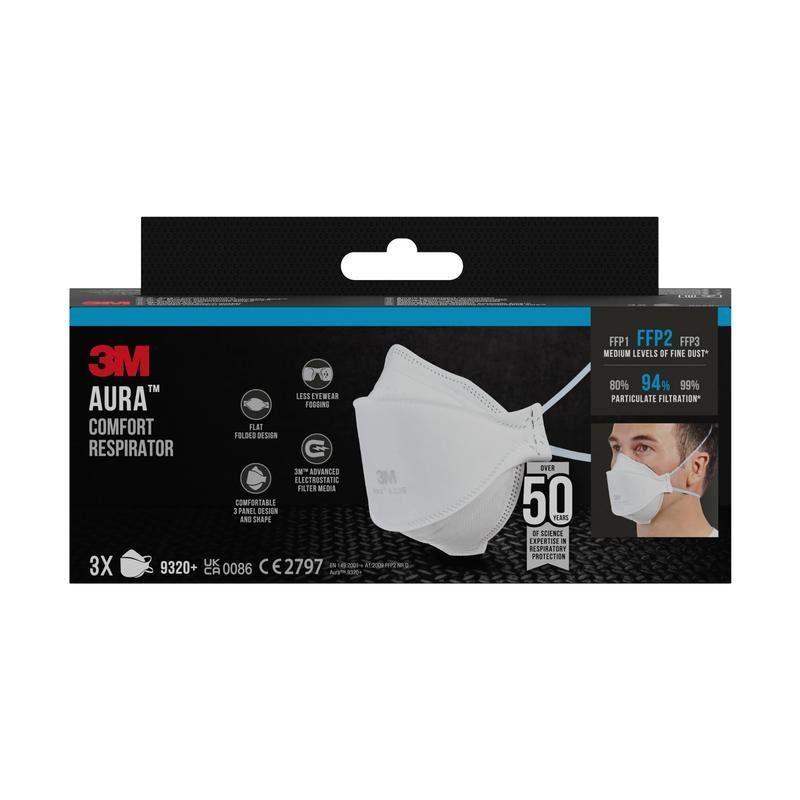 Verpackung mit 3M Aura Komfort-Partikelmaske 9320+. Weiße Maske, FFP2, 94% Partikelfiltration. Schwarze Verpackung mit Produktinformationen.