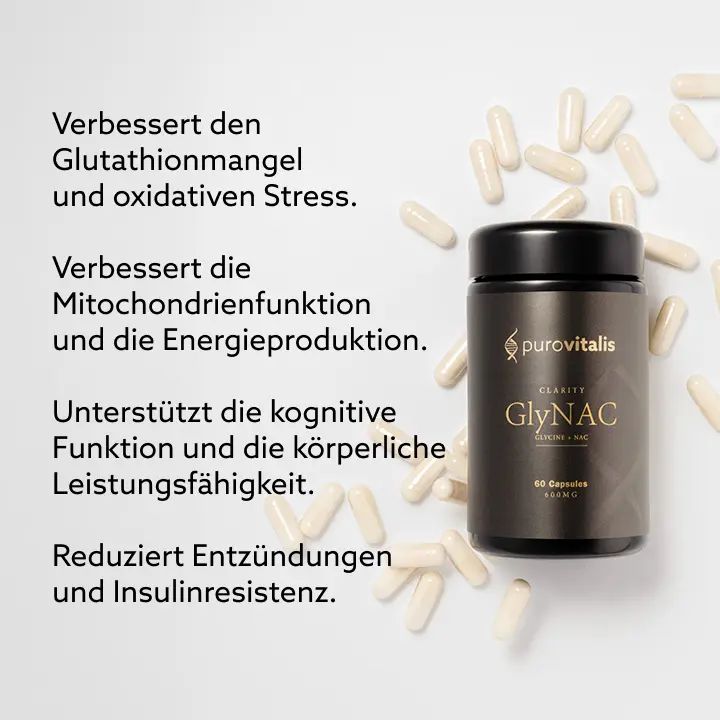 Dunkle Dose mit schwarzen Deckel, Kapseln daneben. Text: GlyNAC Clarity, 60 Kapseln. Schriftzug: Purovitalis.