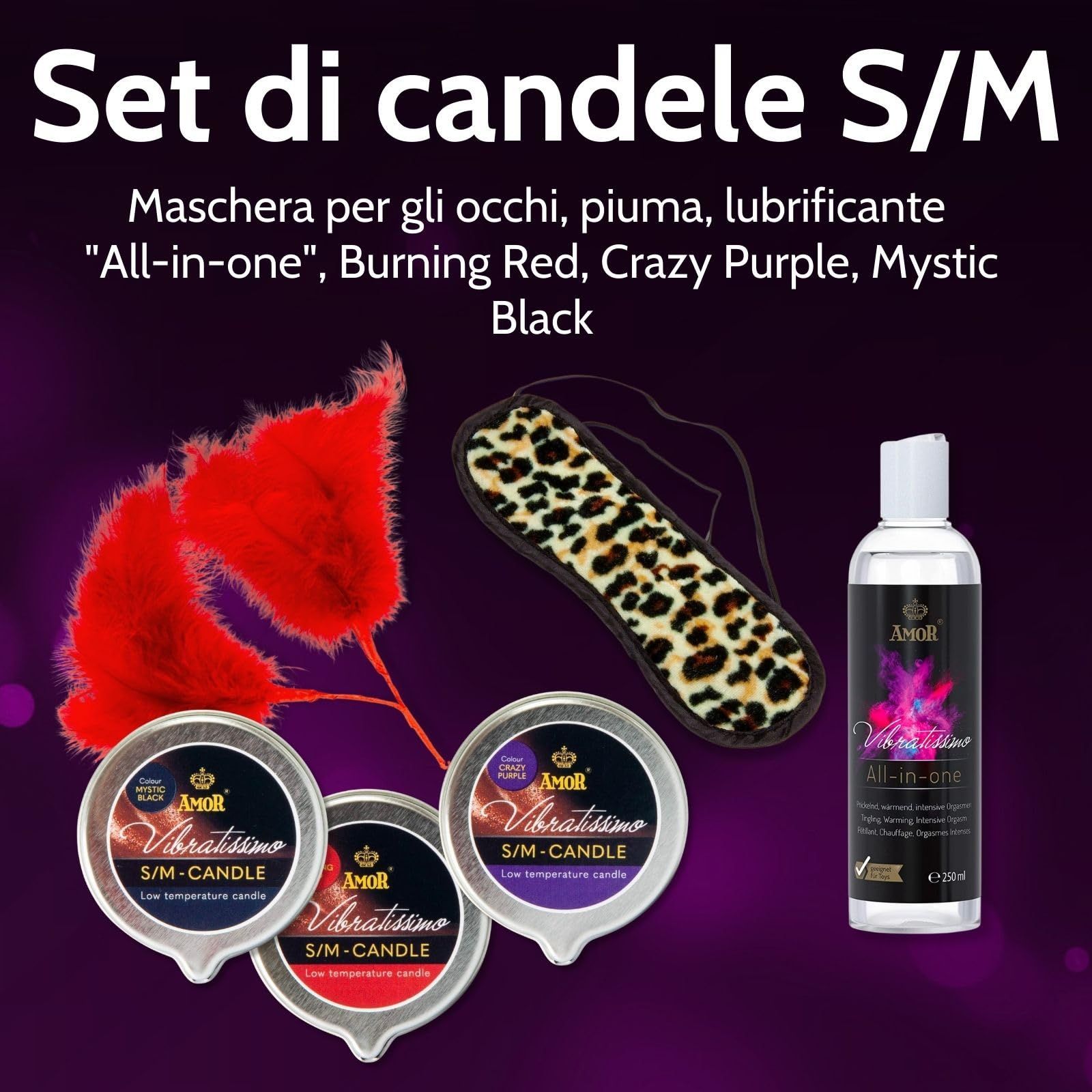 Vibratissimo S/M Kerzenset: Kerzen, Gleitgel, Augenmaske, rote Federn.