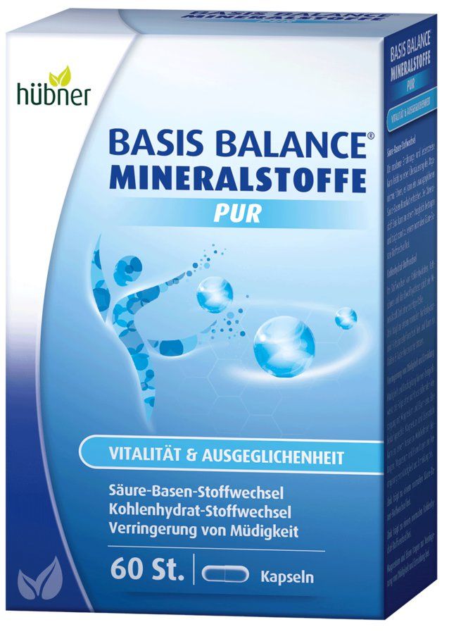 Verpackung von Hübner Basis Balance. Blaue Schachtel mit Produktnamen und 60 Kapseln. Enthält Informationen zu Inhaltsstoffen.