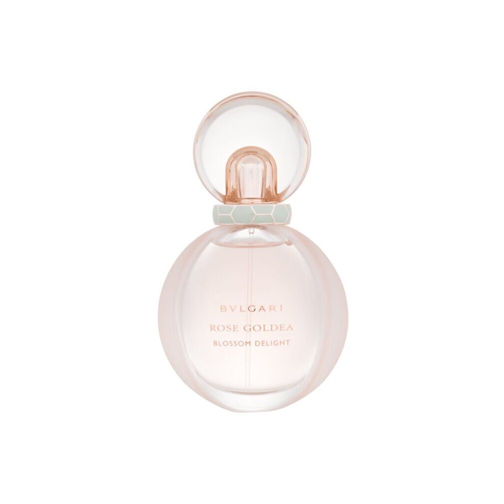 Runder Parfümflakon mit rosa Flüssigkeit. Goldener Verschluss, grüner Ring. Produktname auf dem Flakon.