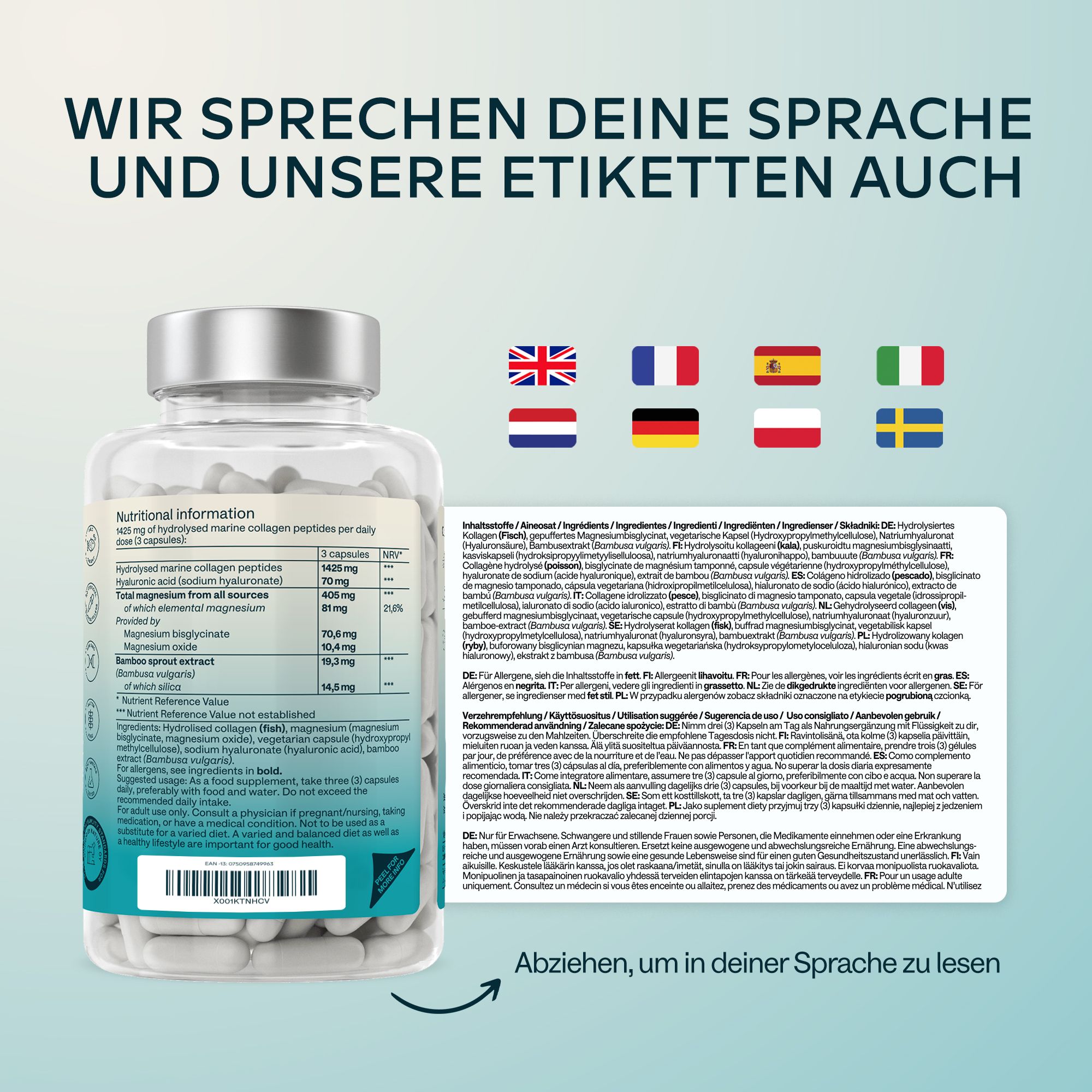 Rückseite der Flasche mit Nährwertangaben und Etiketten in verschiedenen Sprachen. Enthält hydrolysiertes Marine Collagen.